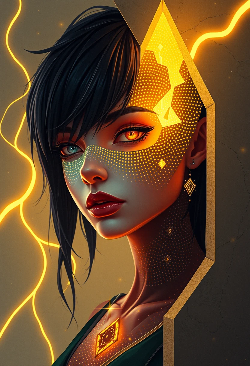 Edgy fantasy heroine with diamond cutouts and glowing light