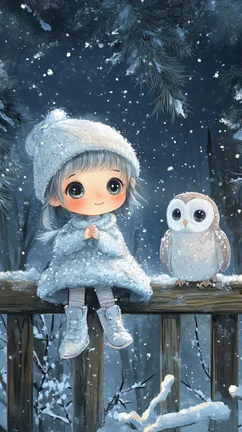 Bambina fata invernale con gufo sulla staccionata nella foresta innevata