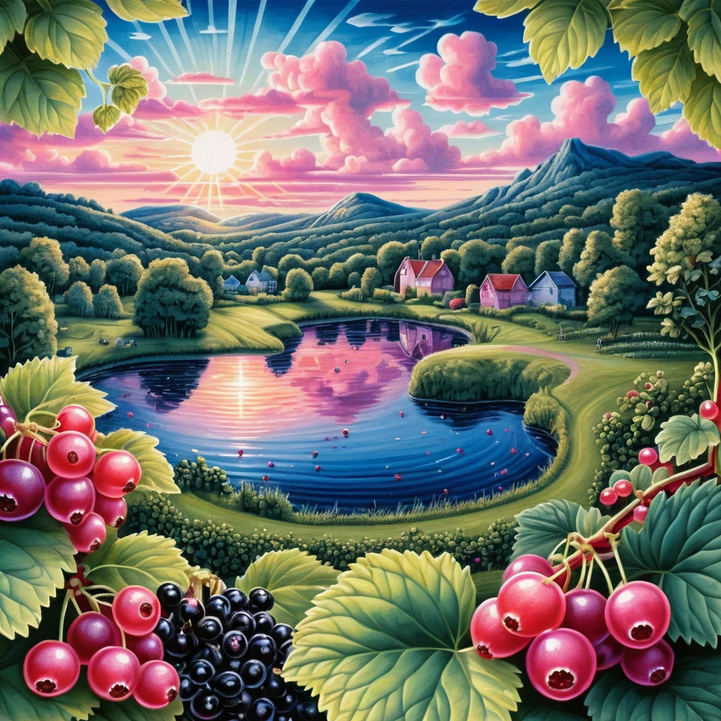 Amanecer surrealista sobre un campo de bayas centelleante y un lago
