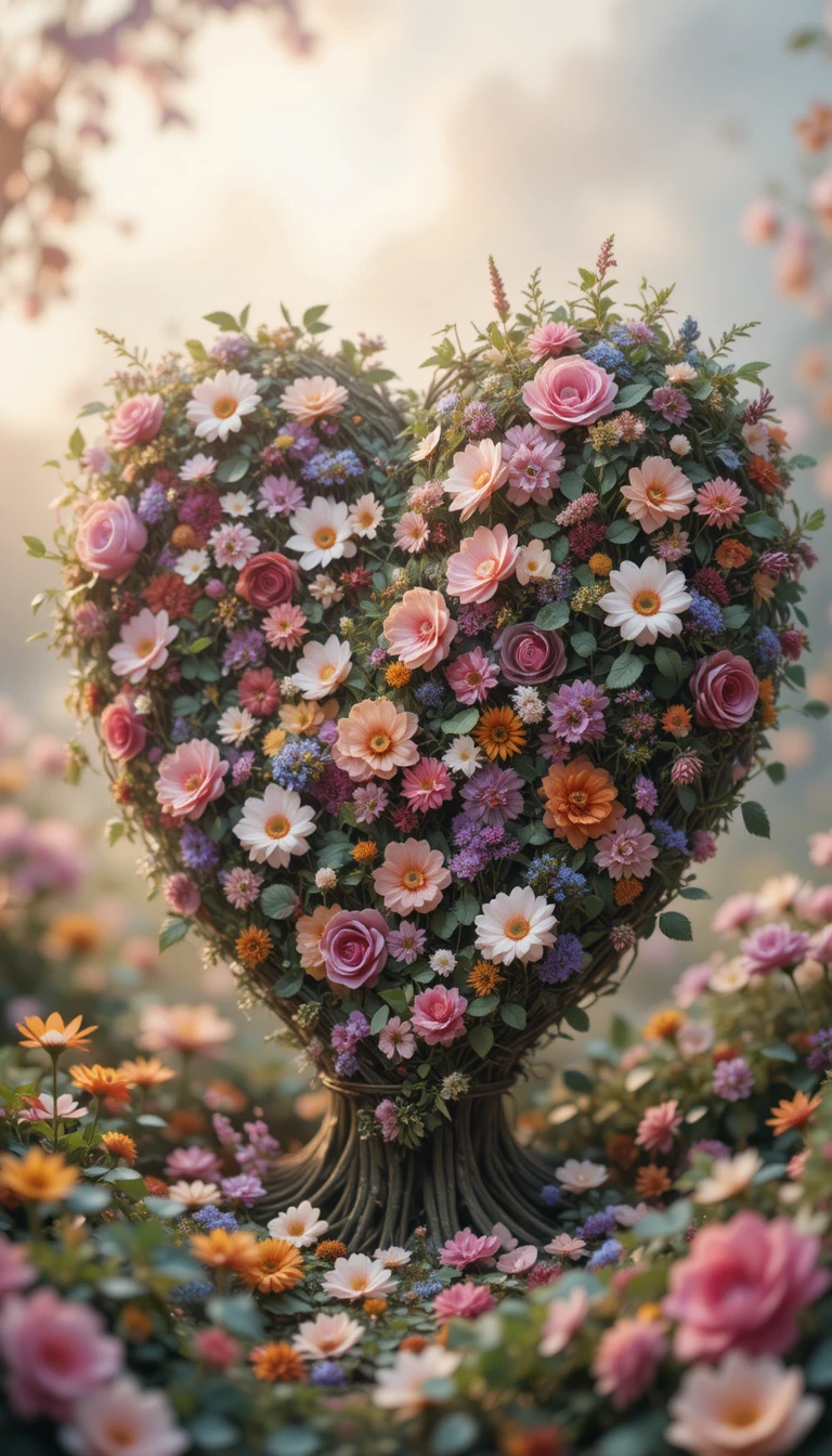 Coração Floral Trançado com Folhas em Fundo Onírico
