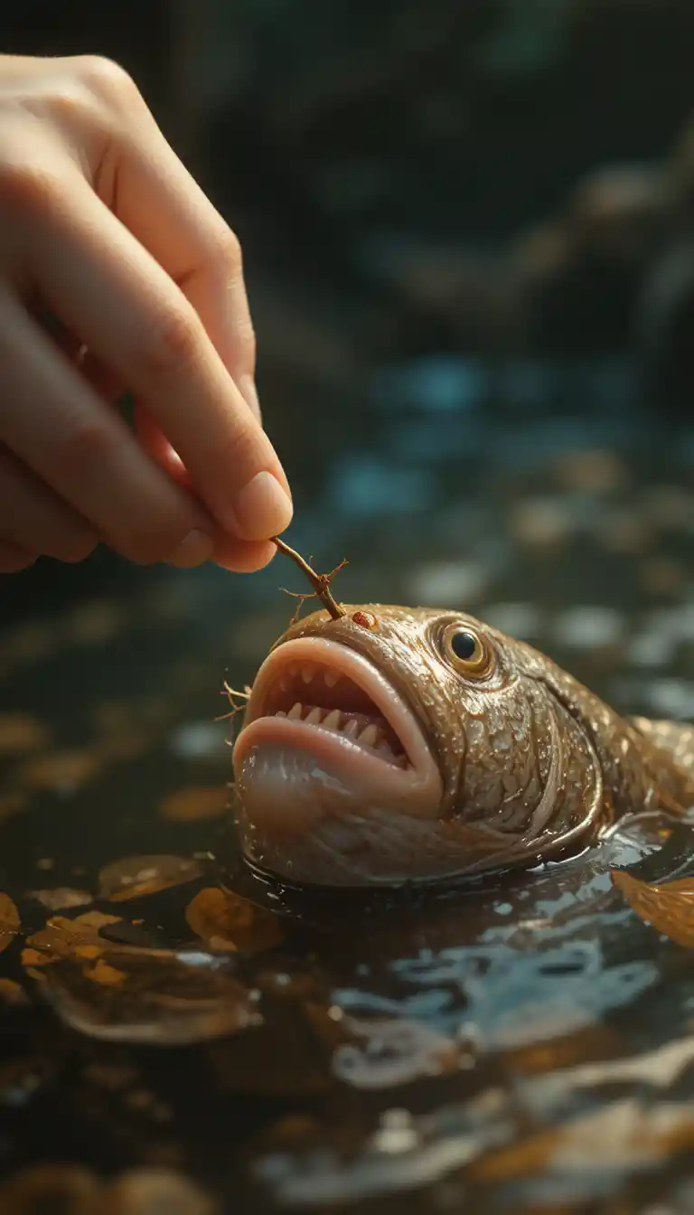Gentle hands removing a thorn from a small fish