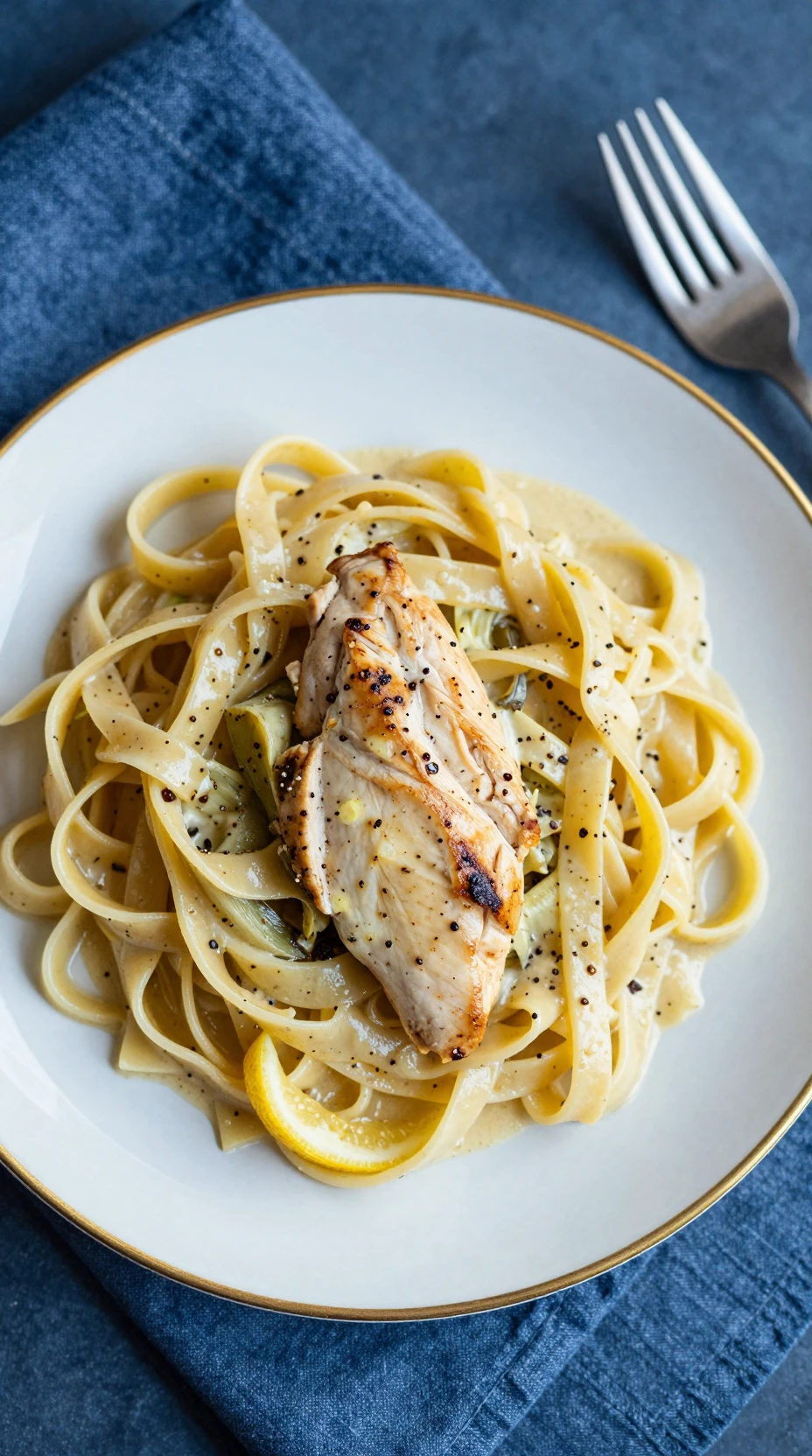 Pasta con pollo al limone e carciofi su un piatto dal bordo dorato