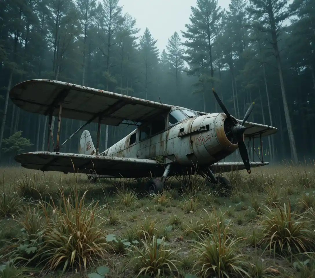 Abandoned Vintage Biplane In Misty Forest Clearing