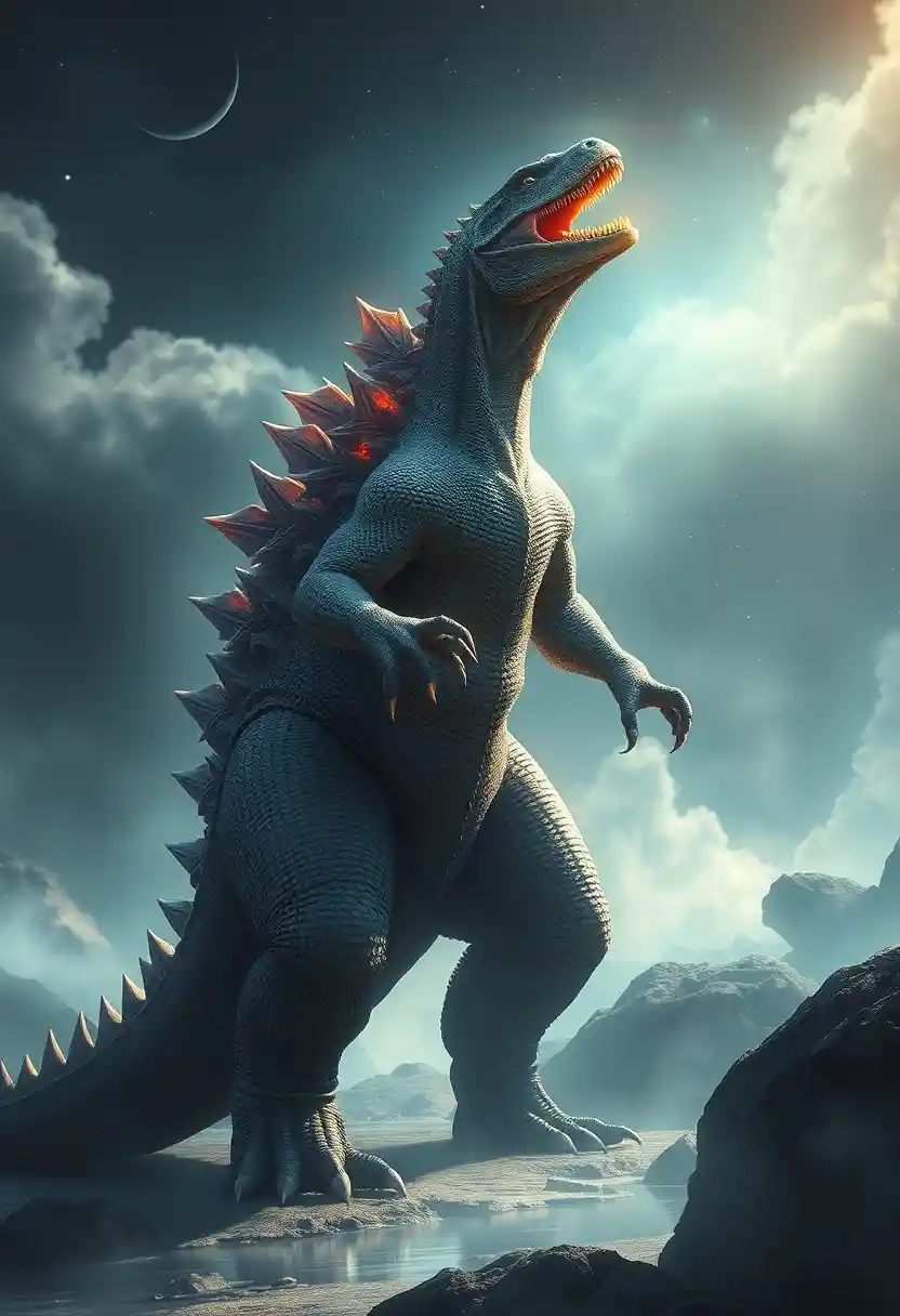 Monstro réptil gigante erguendo-se sobre uma paisagem de fantasia