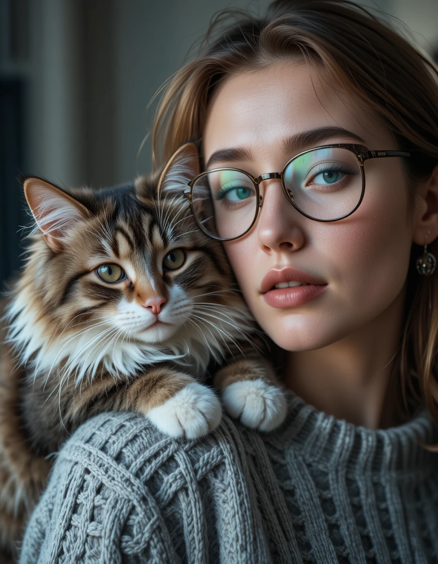 Woman with glasses cuddling a fluffy tabby cat