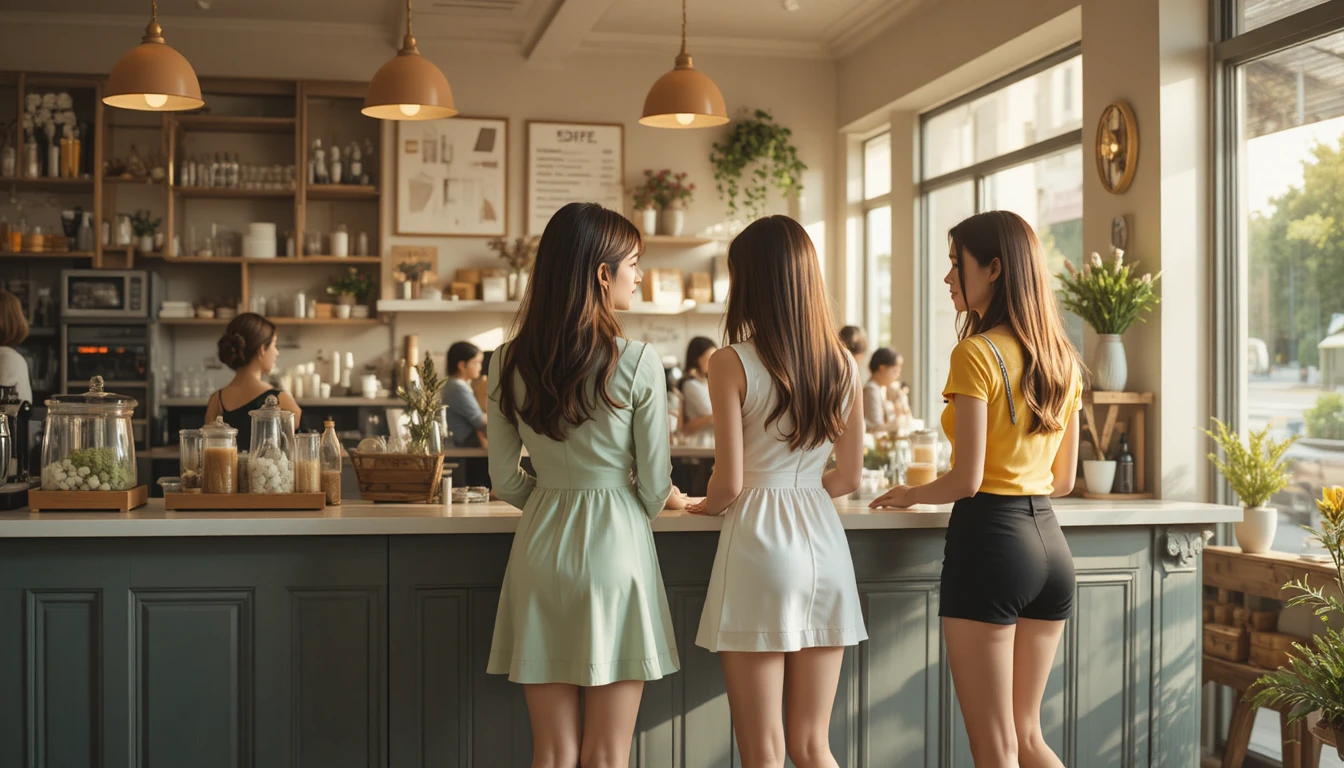 Drei Frauen unterhalten sich an einer sonnendurchfluteten Café-Theke