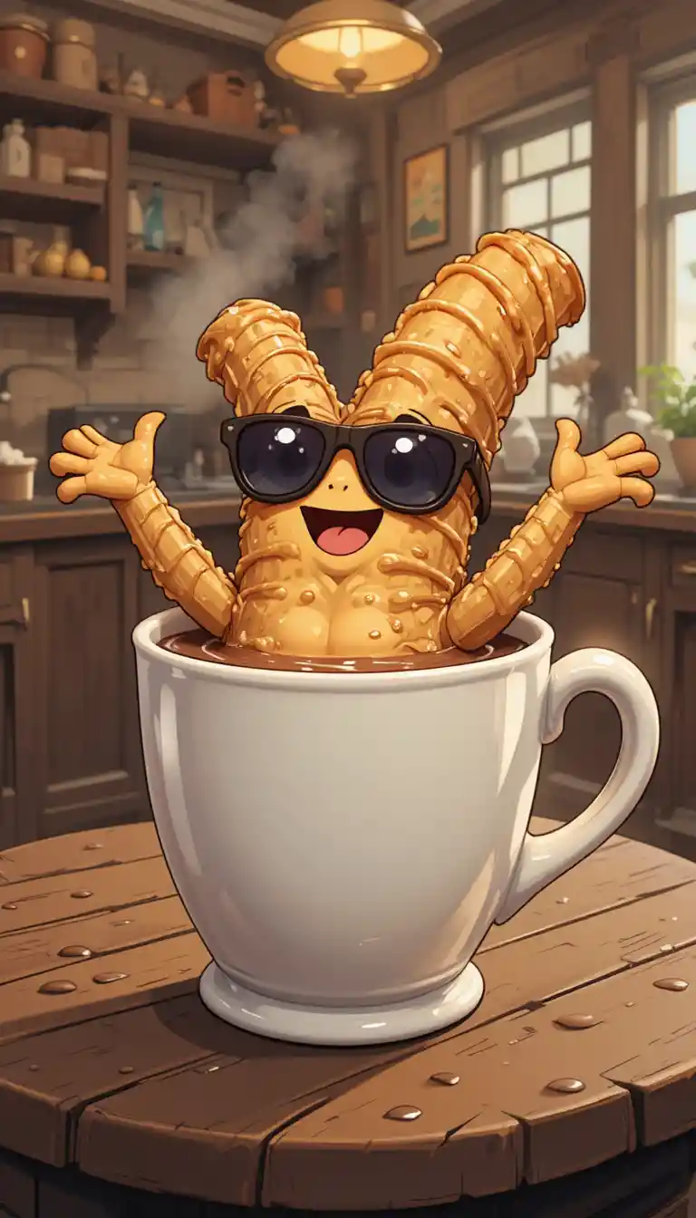 Cool churro relaxing in a cup of hot chocolate