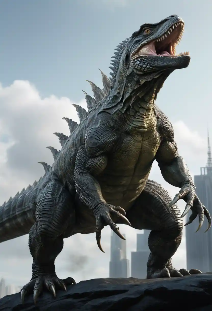 Lagarto monstro gigante erguido com nadadeiras e garras