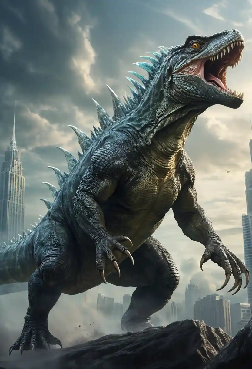 Lagarto monstro gigante erguido com dentes afiados como navalha
