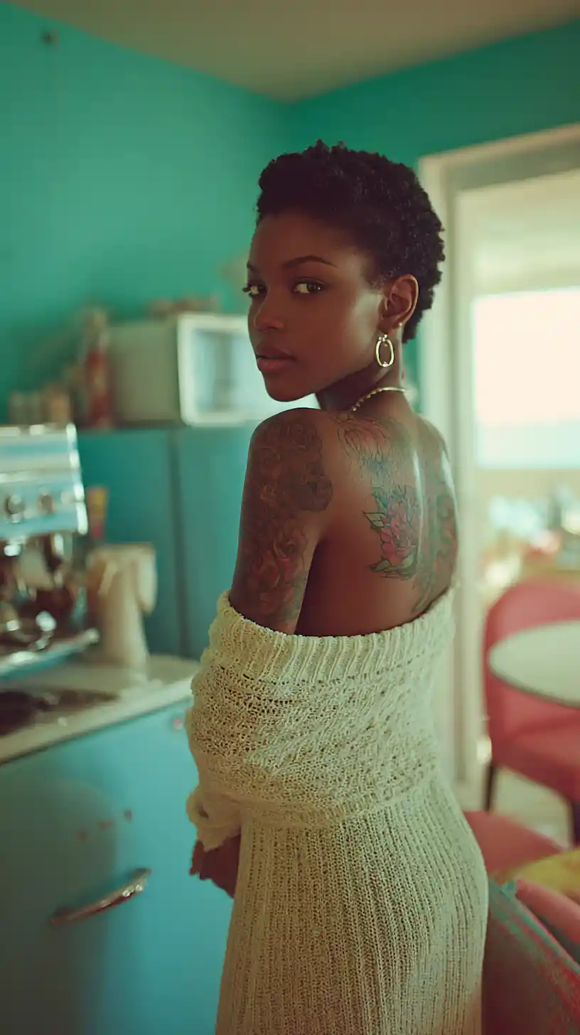 Stylish black woman in off shoulder sweater dress indoors
