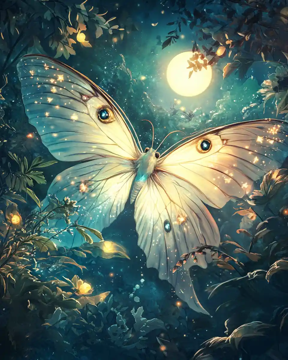 Espírito de mariposa lunar radiante dançando na floresta encantada