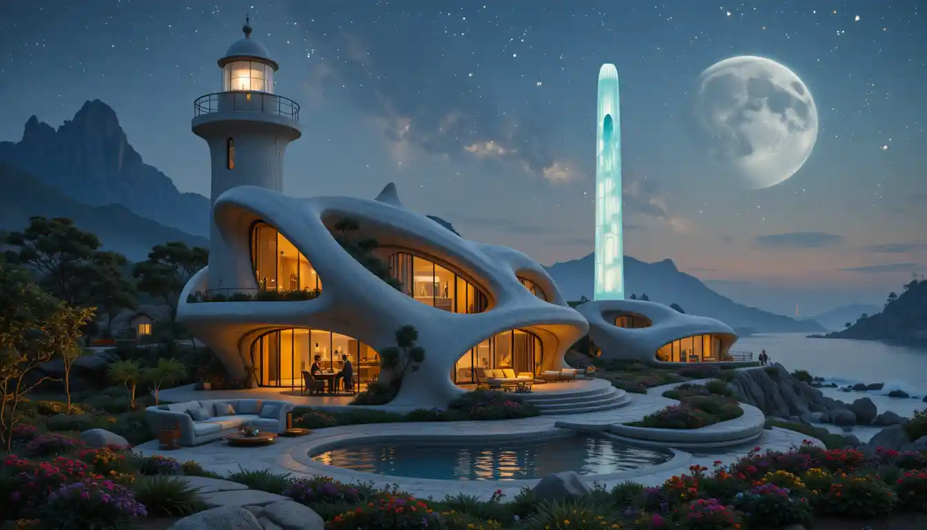 Futuristisches organisches Haus mit Glaskurven in Gartenlandschaft