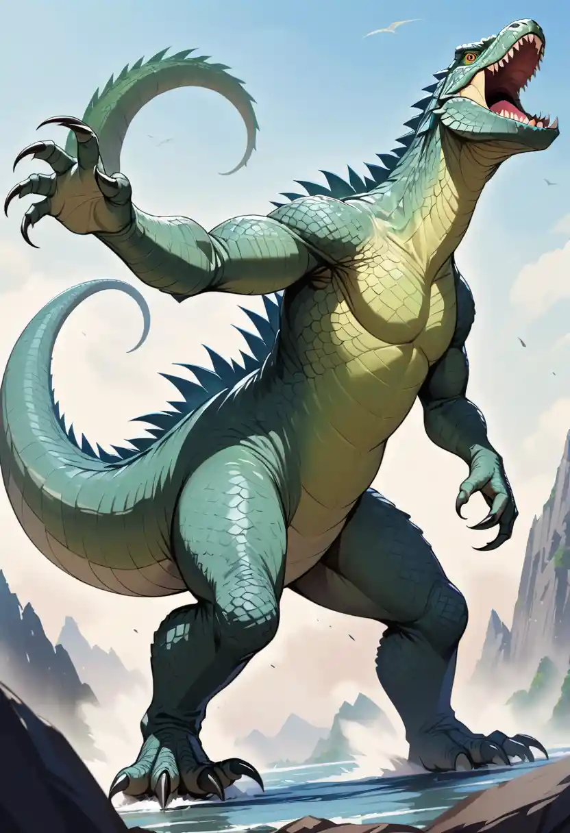 Giant upright monster lizard with fins and sharp claws