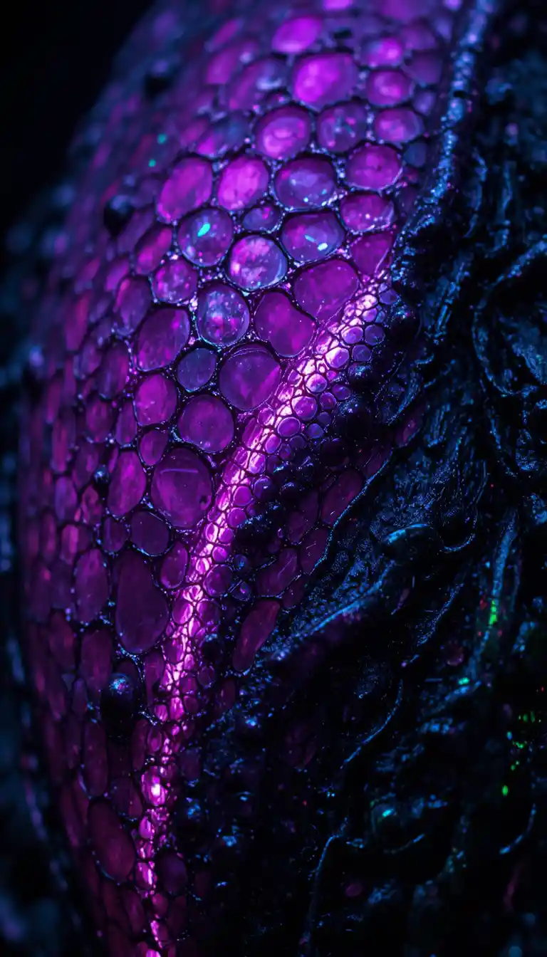 Vue macro de peau d’alien tatouée avec des veines lumineuses