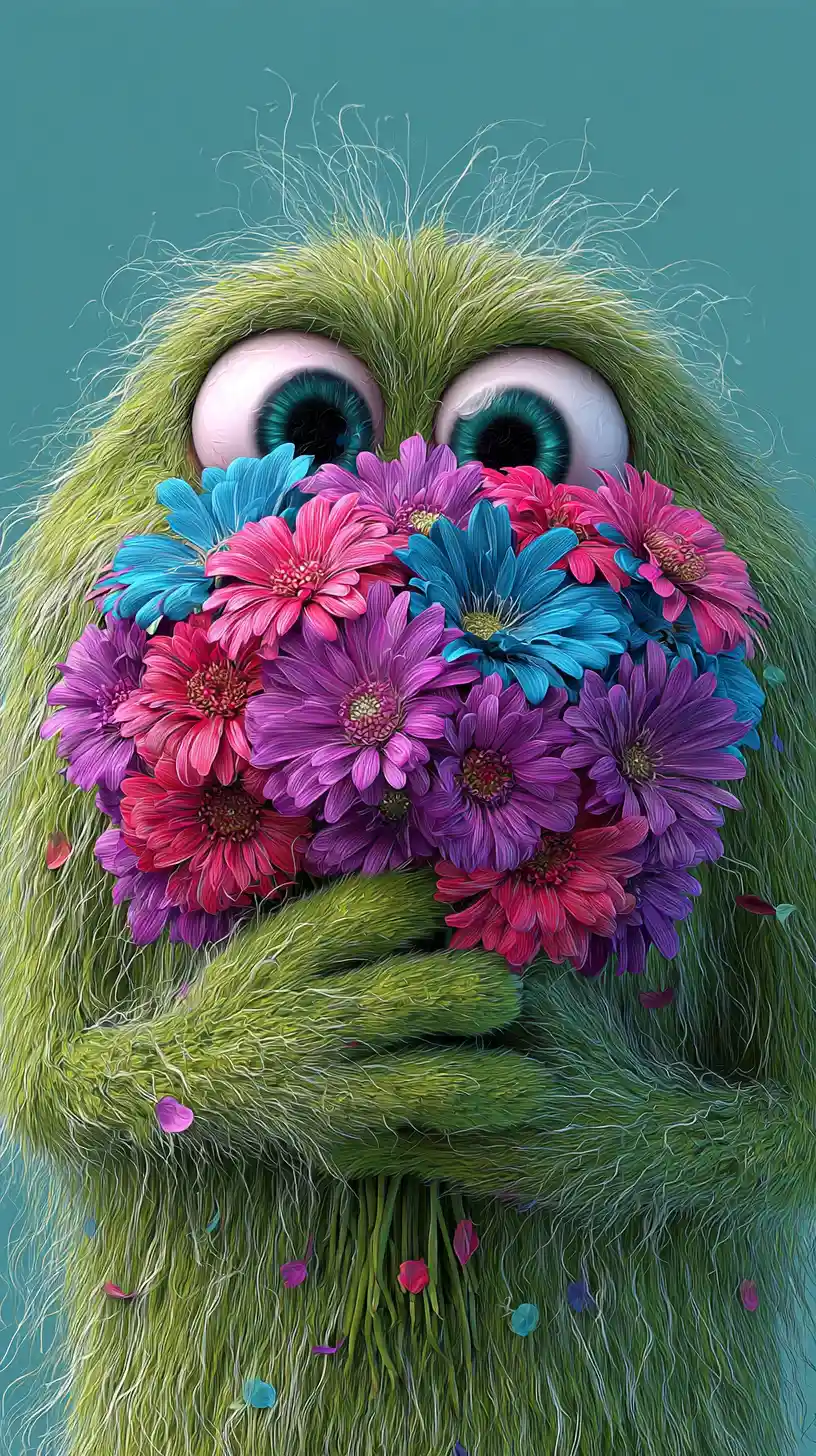 Flauschiges Monster mit buntem Blumenstrauß aus der Nähe