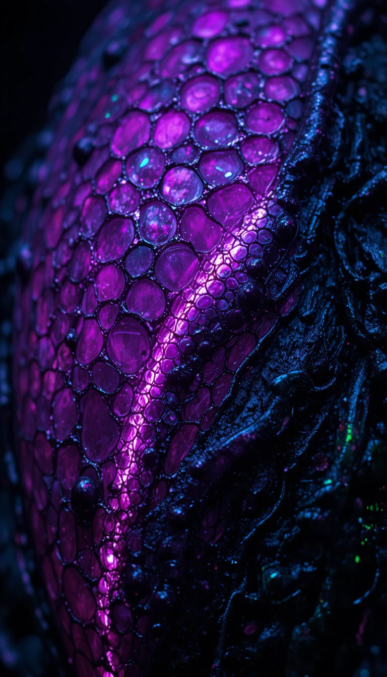 Vue macro de peau d’alien tatouée avec des veines lumineuses