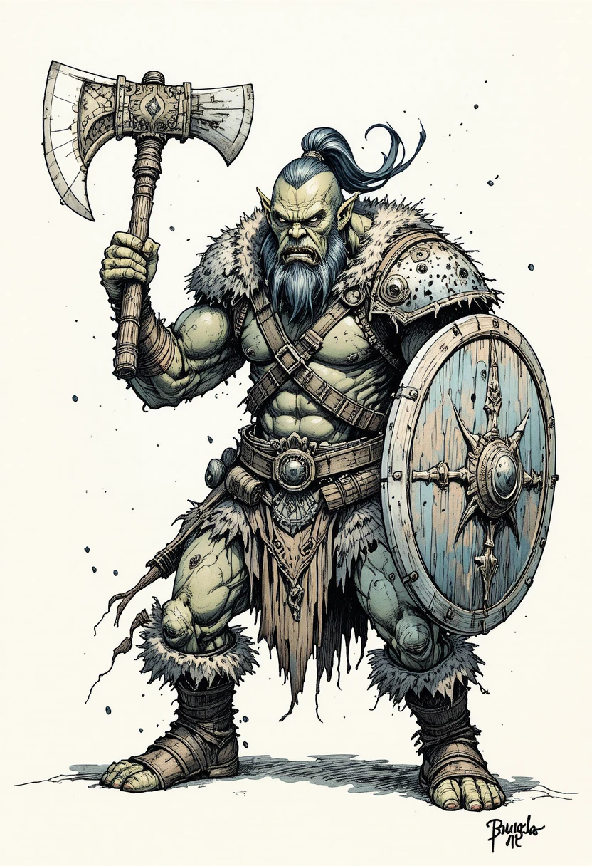 Orc warrior with axe and shield in dynamic ink drawing