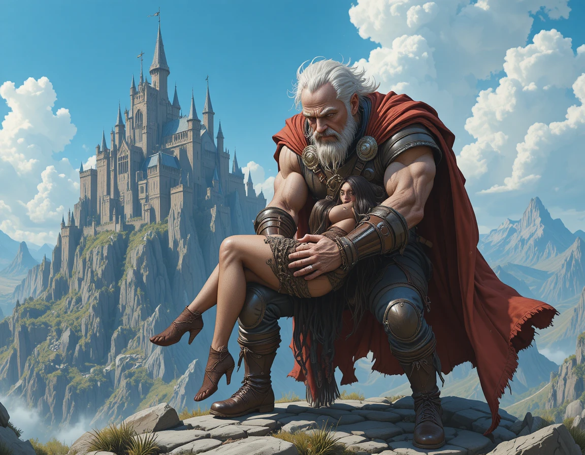 Guerrier Portant une Femme devant une Forteresse sous un Ciel Bleu Éclatant