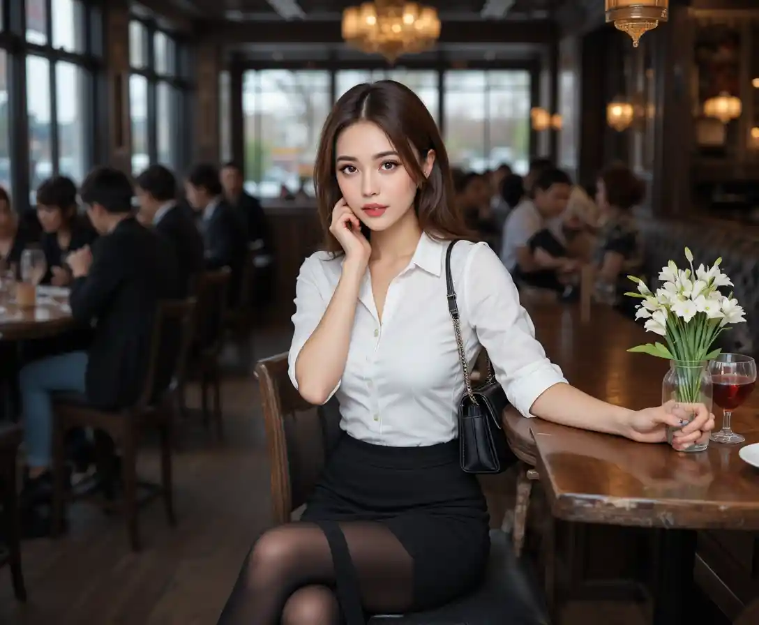 Elegant woman at a wooden bar in a busy restaurant