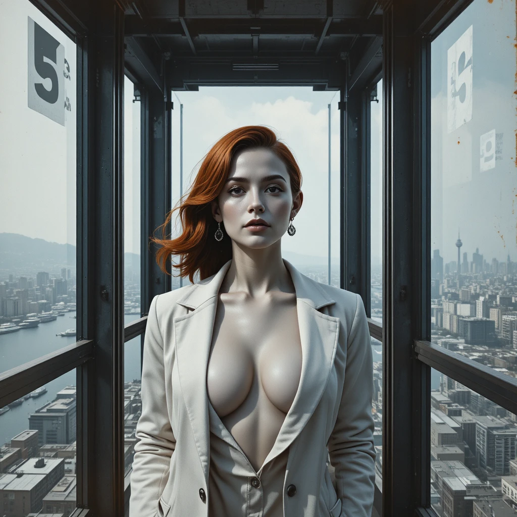 Surreal close up woman in glass elevator above harbor
