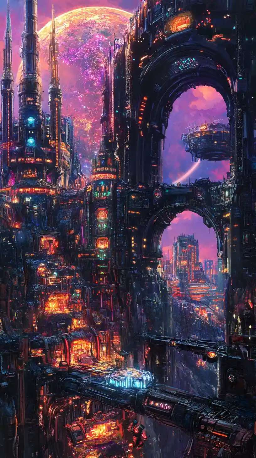Forma ciborgue biomecânica em uma paisagem fantástica surreal