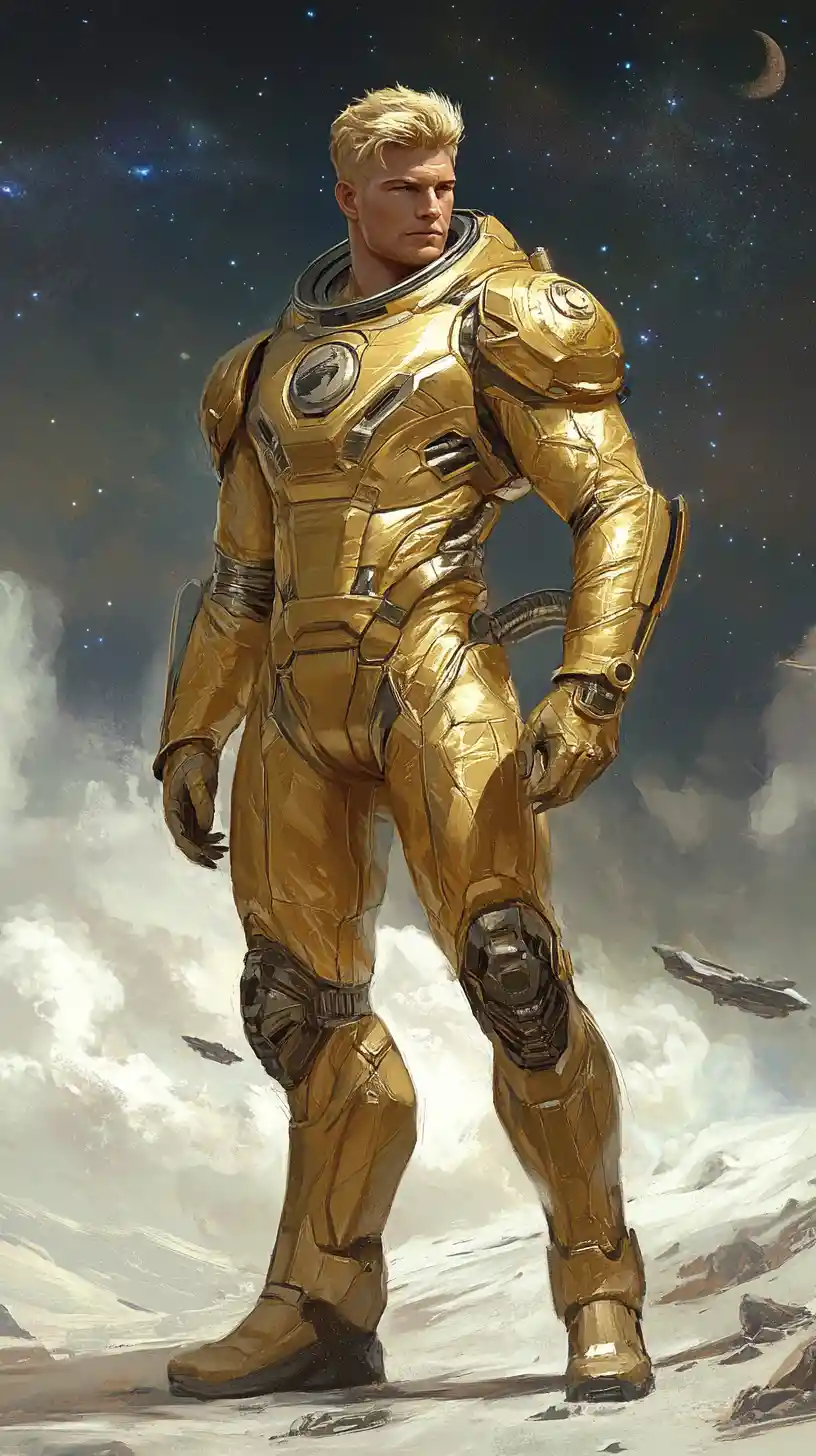 Guerrier astronaute en combinaison dorée sur champ alien