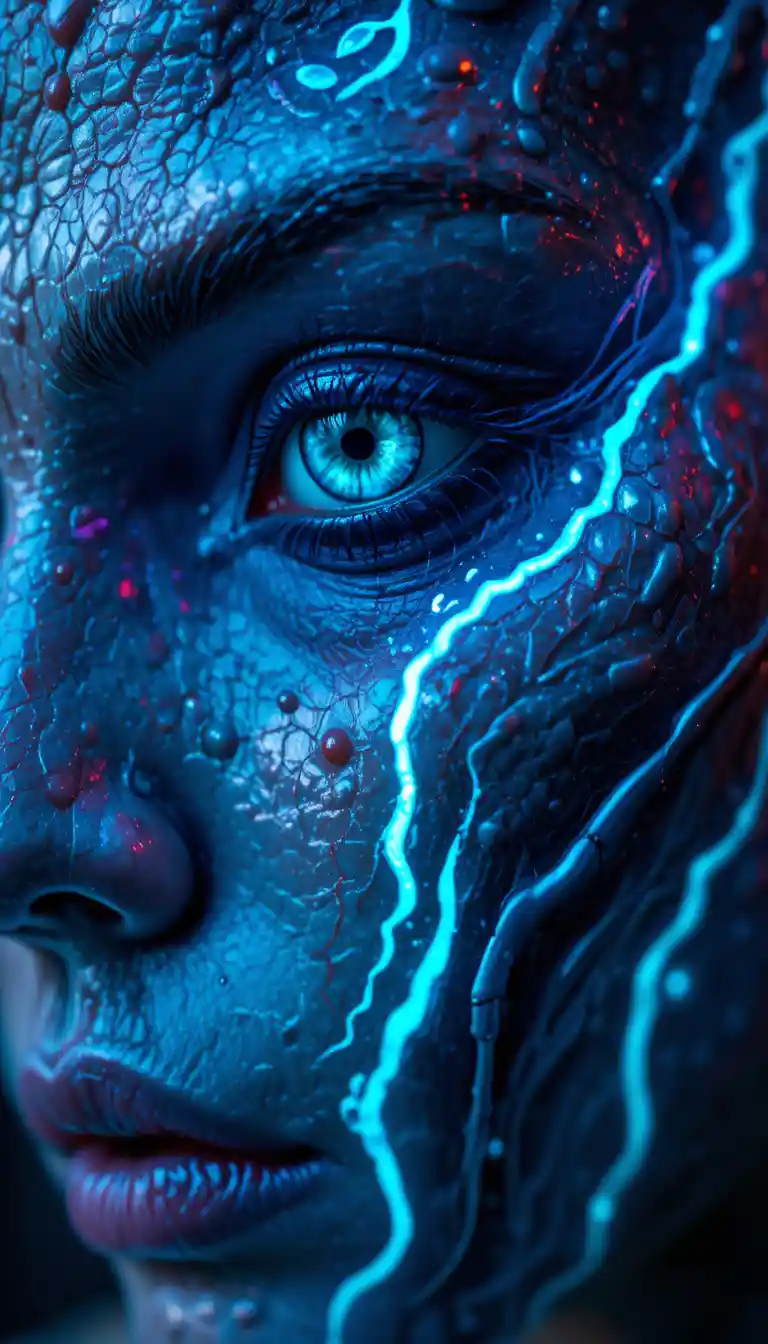 Extreme Nahaufnahme einer leuchtenden Alien-Hauttextur mit Tattoo