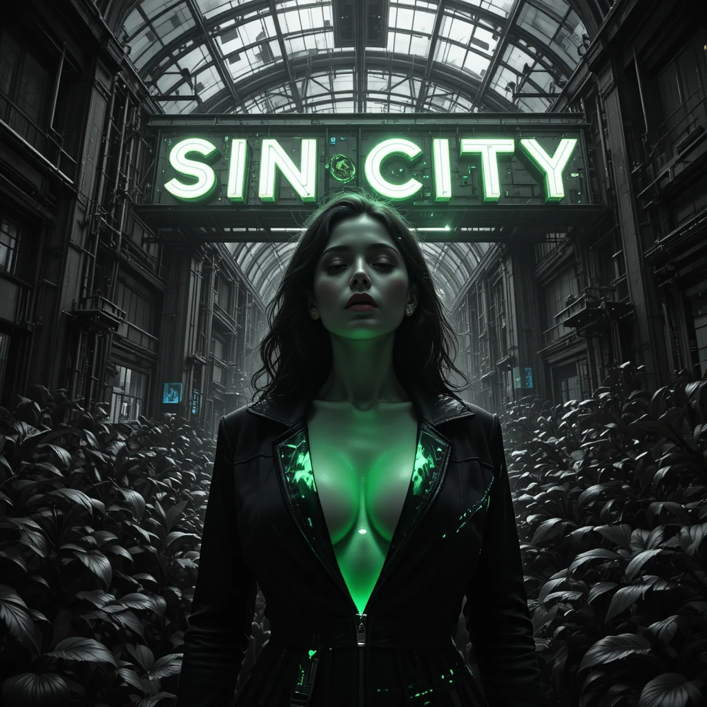 Femme fatale noir em uma estufa subterrânea iluminada por neon