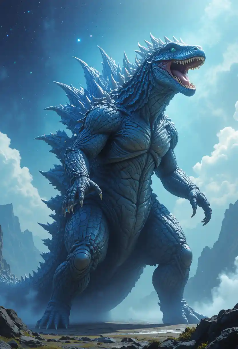 Giant monster lizard towering upright with sharp teeth and claws