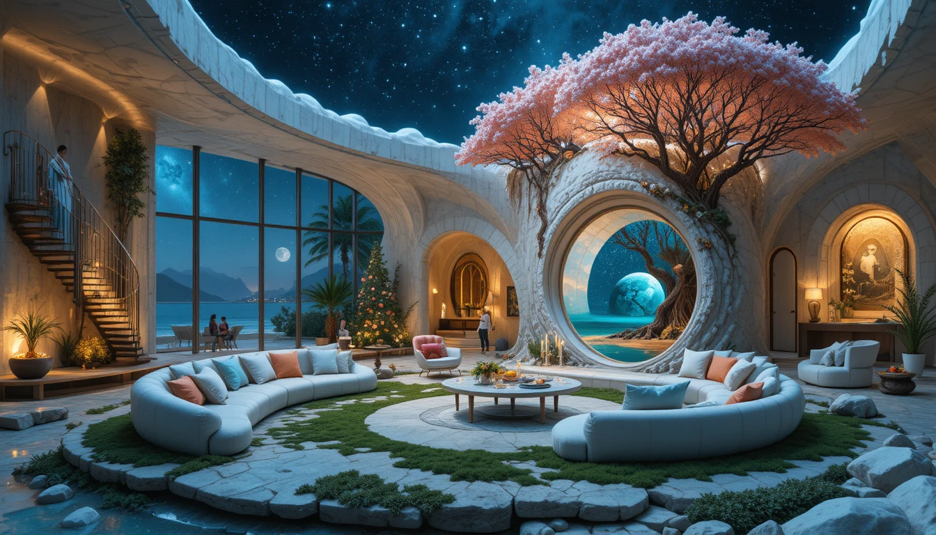 Maison côtière futuriste avec jardin paradisiaque et vagues océaniques