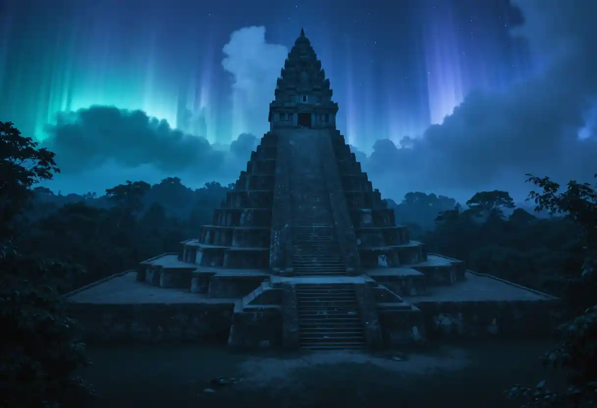 Antico tempio nella giungla sotto un'aurora violetta surreale