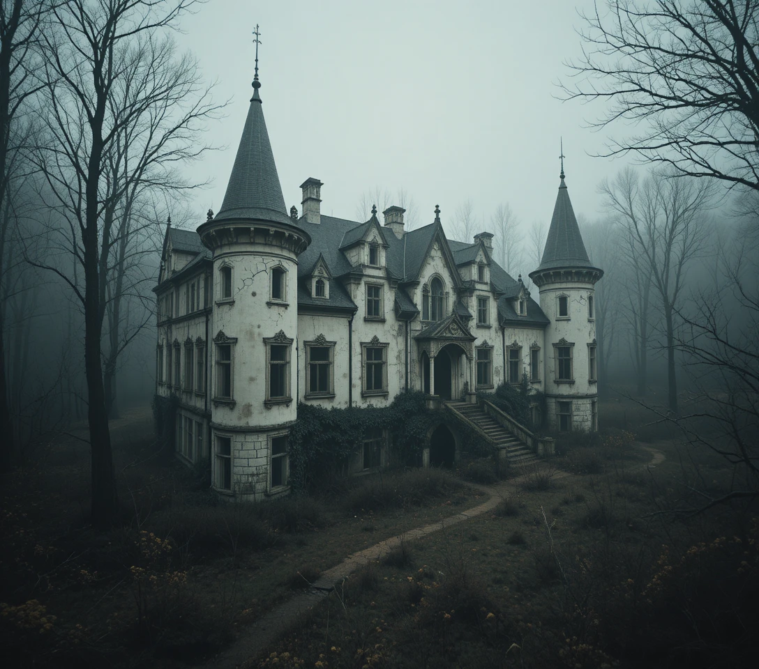 Castelo francês abandonado em floresta sombria vista aérea