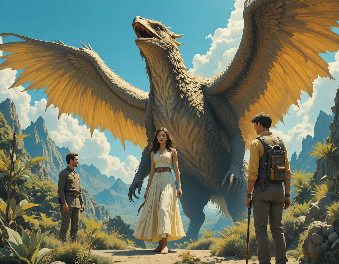 Poster fantasy retrò con donna di fronte a un mostro alato