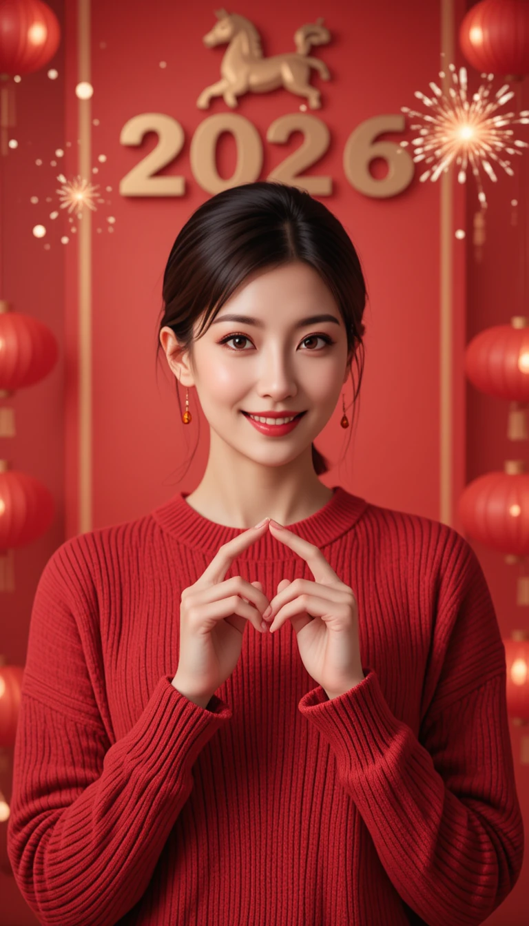 穿紅色毛衣比愛心手勢的中國女性