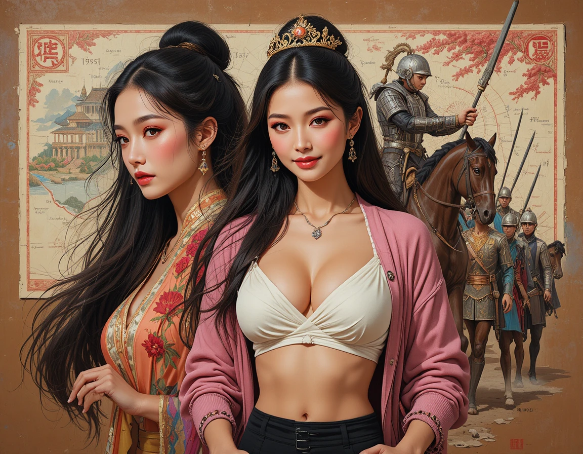 Epische Fantasy-Illustration mit gekrönter Frau und Pferdekrieger