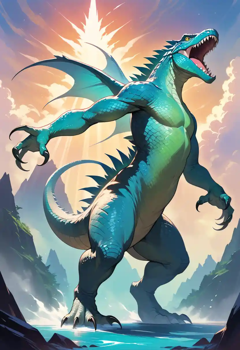 Giant upright monster lizard with fins and razor sharp teeth