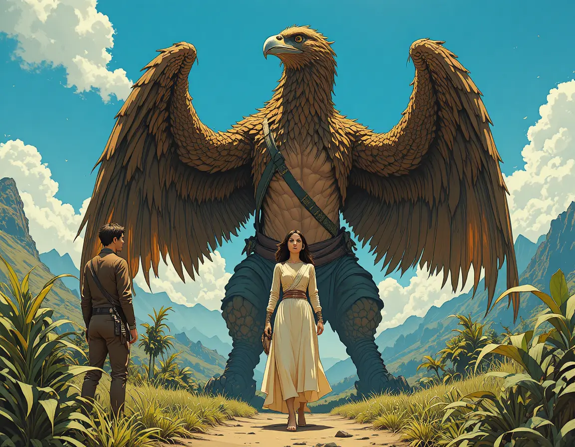 Retro fantasy scene with woman facing winged monster