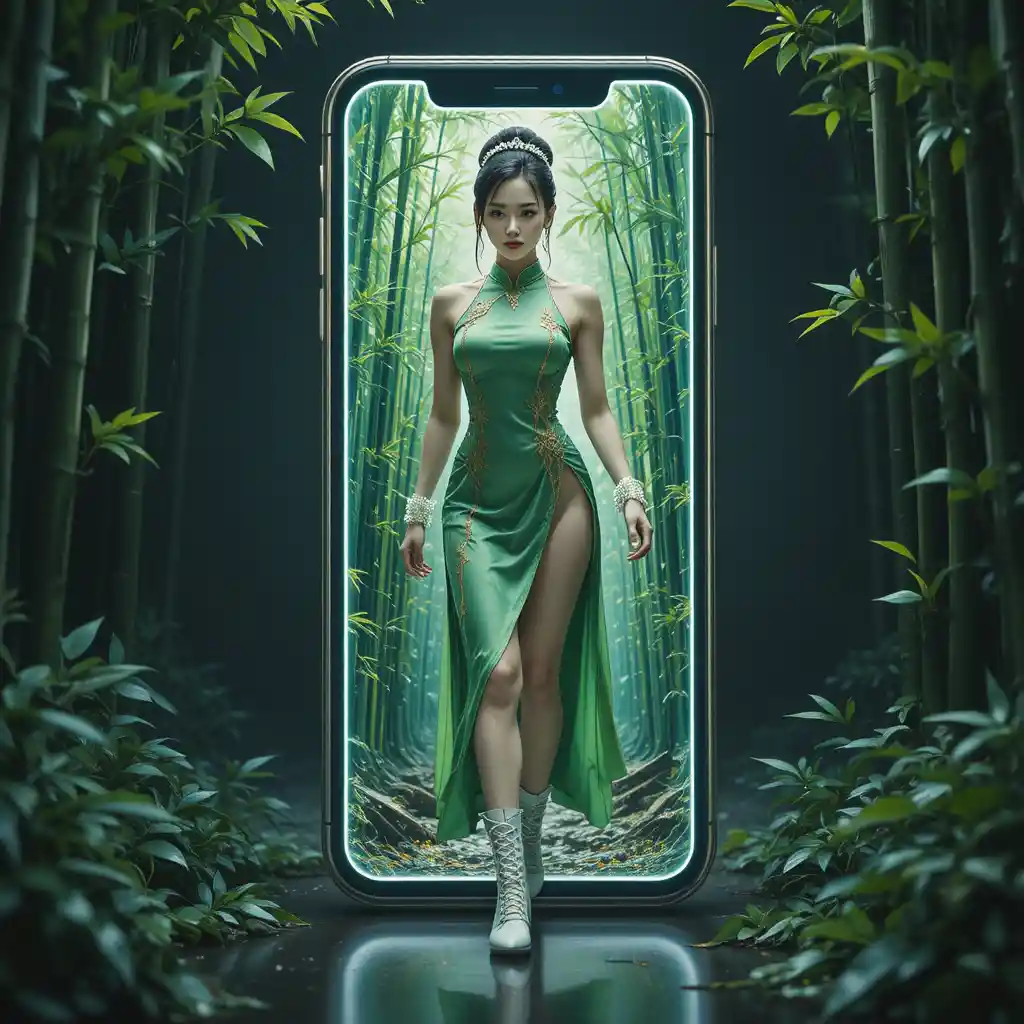 自信女人從發光手機走入竹林