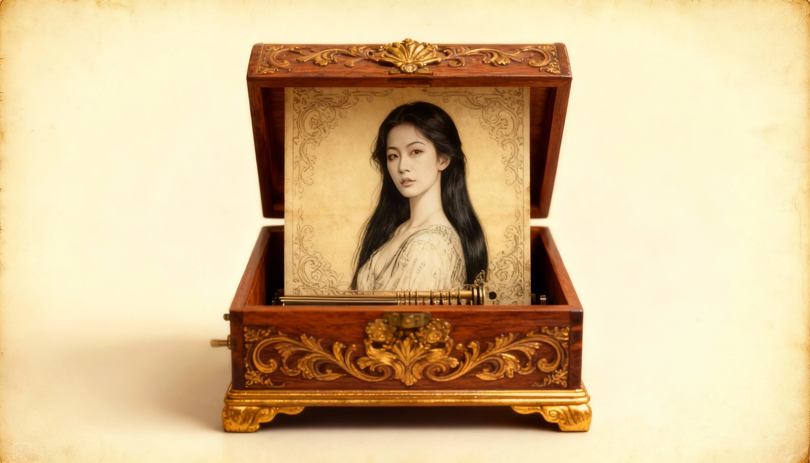 Vintage wooden music box opening to reveal a portrait