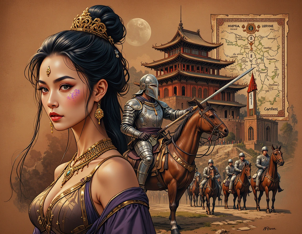 Episches Fantasy-Porträt einer gekrönten Frau mit Krieger
