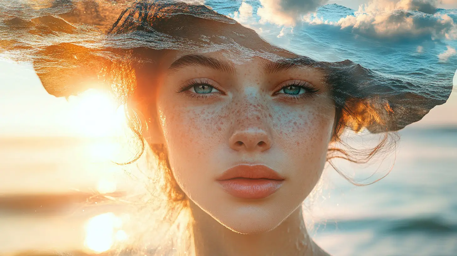 Surrealistisches Porträt einer Frau, verschmolzen mit einem Ozean-Sonnenuntergang