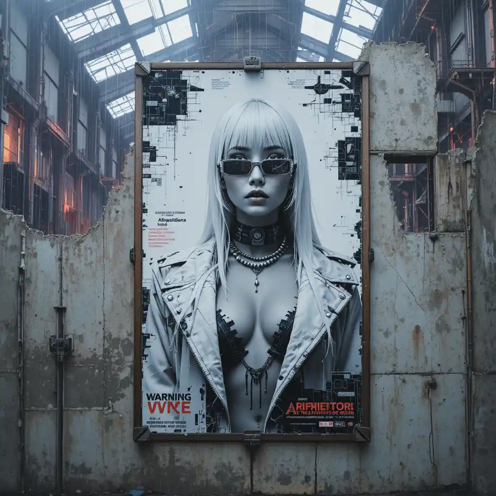 Noir fashion poster on scorched concrete hangar wall