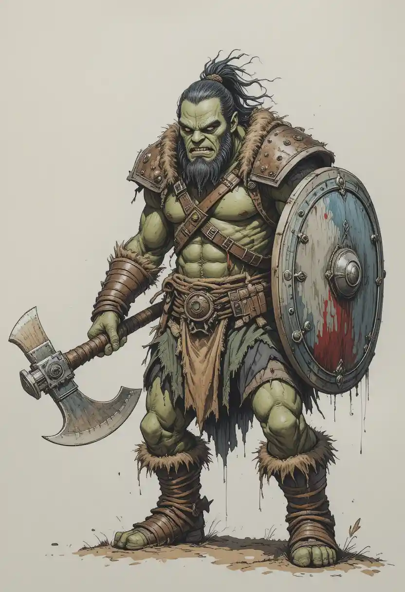Ragged orc warrior with axe and shield in ink drawing