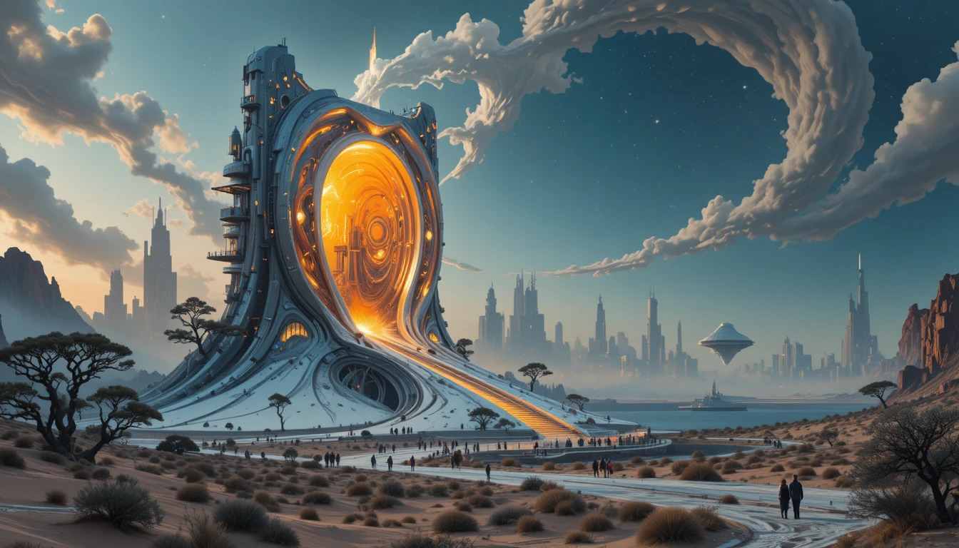 Futuristischer Monolith über einer dystopischen Sci-Fi-Stadt