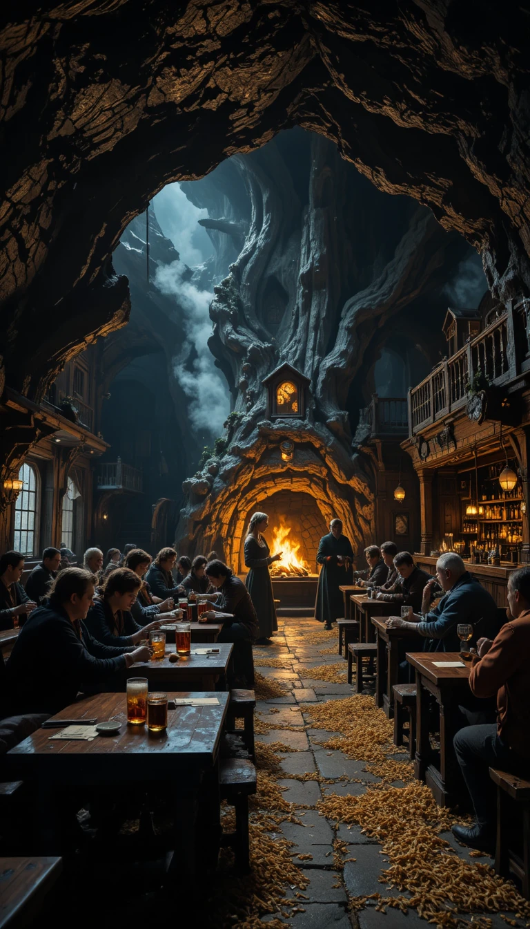 Taverne de dark fantasy au cœur d’un chêne pétrifié colossal