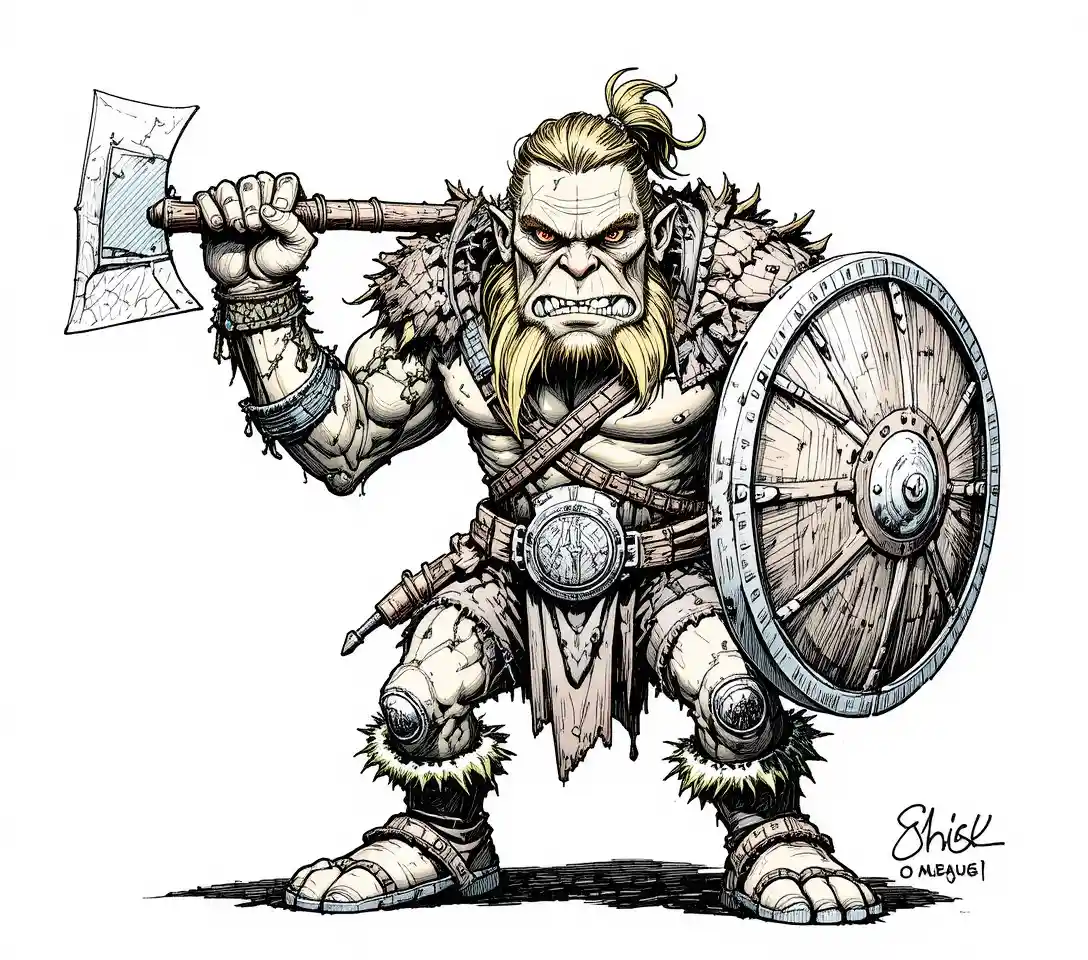 Guerrier orc en haillons avec hache et bouclier en dessin à l’encre