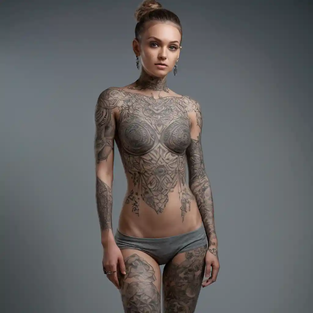 Retrato de estúdio em corpo inteiro de mulher tatuada com luz suave