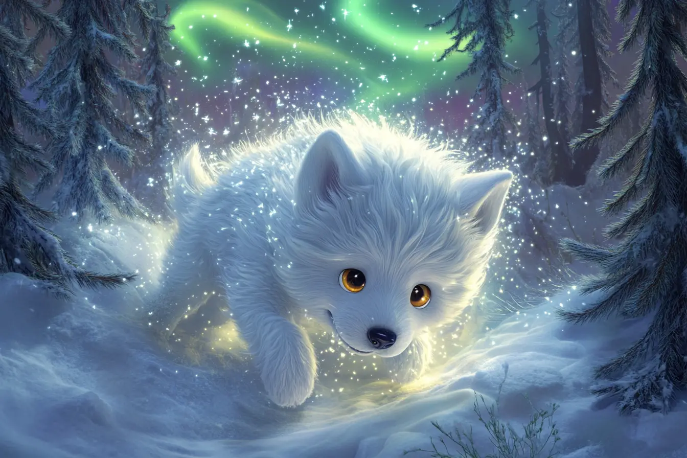 月光雪林中的調皮白狼幼崽