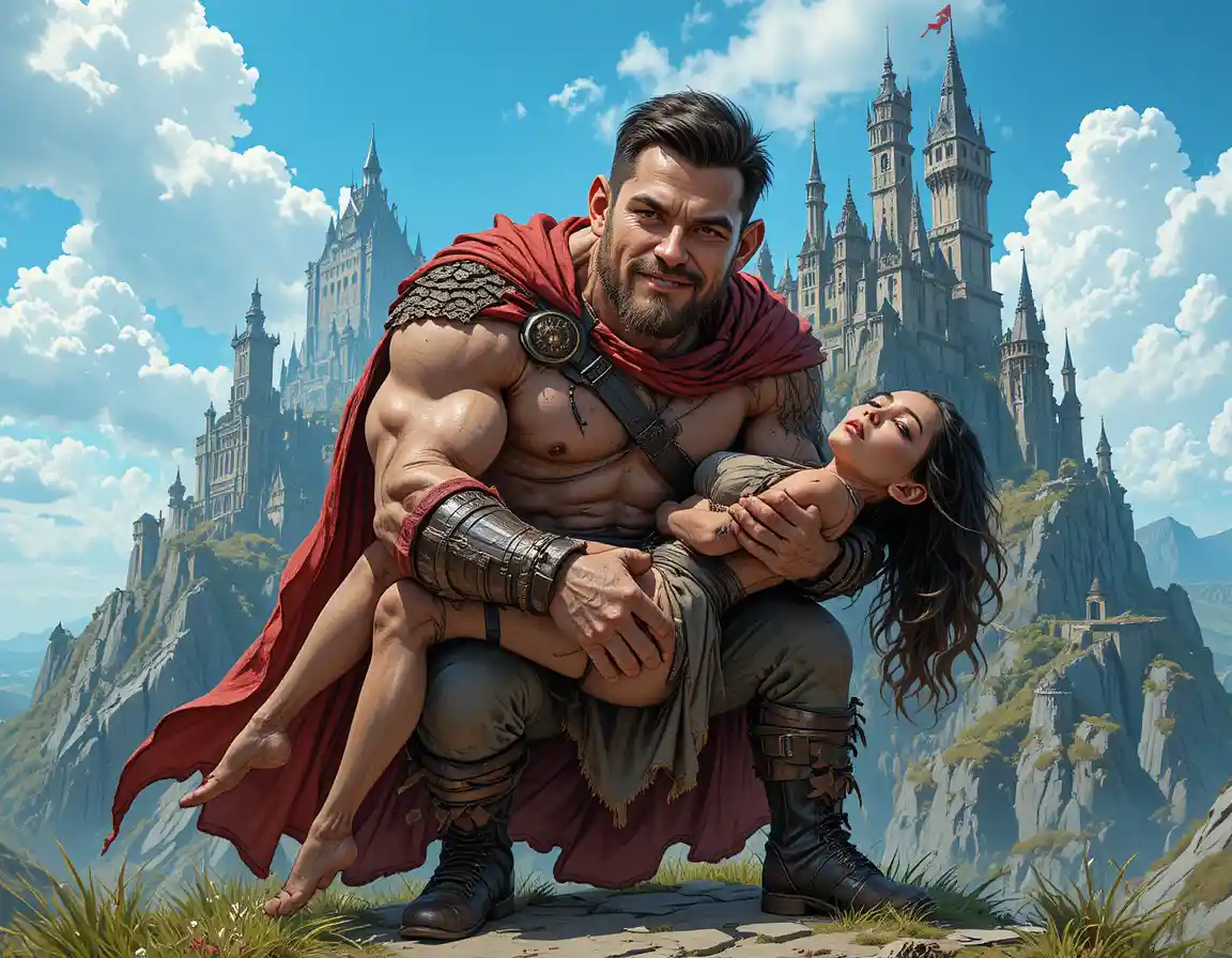 Guerrier fantastique portant une femme devant une forteresse de montagne