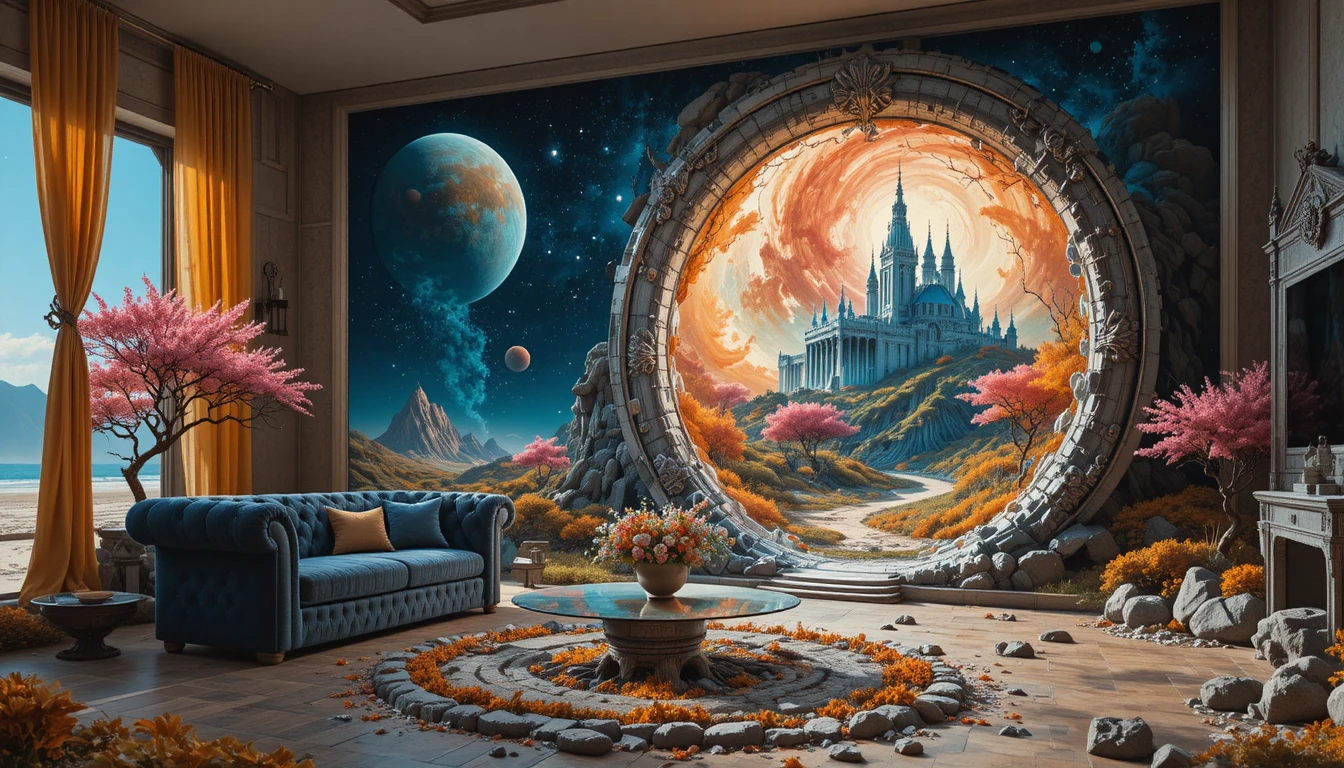 Portal de fogo surreal em uma sala de estar luxuosa